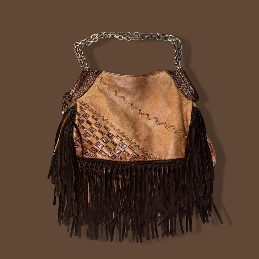 Jimmy Choo Brown Leather Shoulder Bag with Tassels & Chain Straps